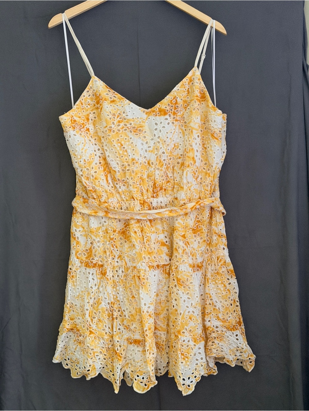 Express Yellow Eyelet Spaghetti-Strap Mini Dress